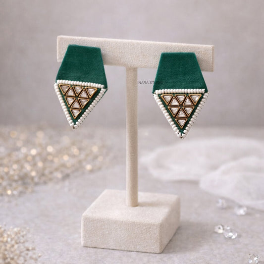 GREEN FABRIC STATEMENT EARRINGS WITH BEAD & MIRROR WORK
