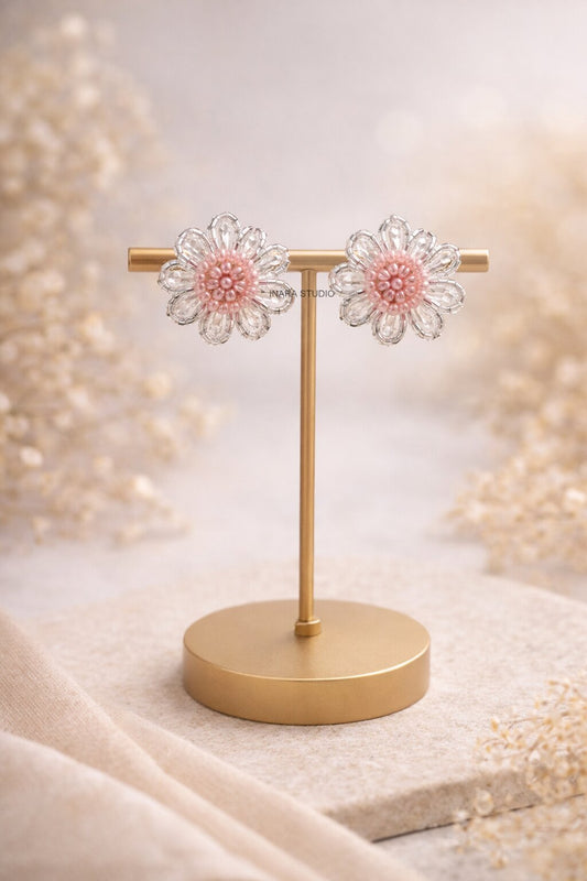 BLUSH BLOOM BEADED FLOWER STUD EARRINGS