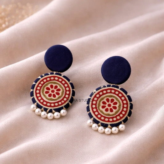NAVY BLUE FABRIC MANDALA STATEMENT EARRINGS WITH PEARL DROPS