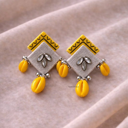 HANDCRAFTED YELLOW FABRIC SHELL DROP EARRINGS