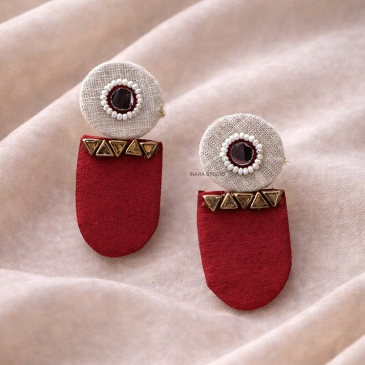 HANDCRAFTED RED & IVORY GEOMETRIC FABRIC STUD ETHNIC EARRINGS