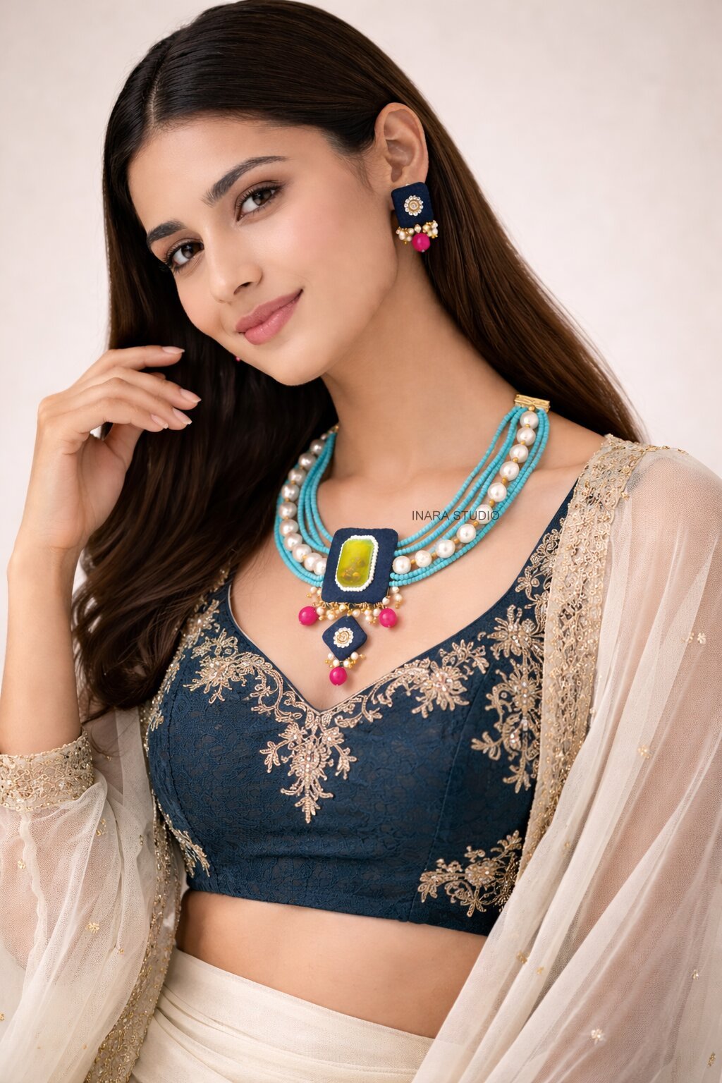 NAVY BLUE FABRIC MULTI LAYERED BEADED NECKLACE WITH STATEMENT STONE PENDANT