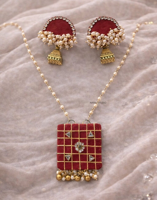 HANDCRAFTED RED FABRIC KUNDAN STONE NECKLACE SET WITH JHUMKHA EARRINGS