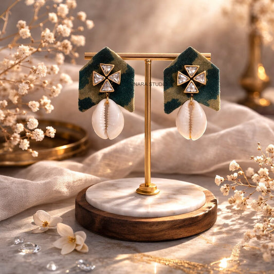 CAMOUFLAGE FABRIC STATEMENT EARRINGS WITH COWRIE SHELL DROP