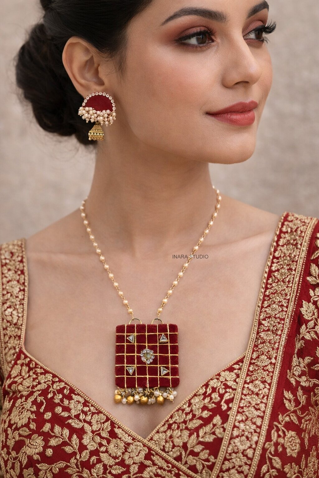 HANDCRAFTED RED FABRIC KUNDAN STONE NECKLACE SET WITH JHUMKHA EARRINGS