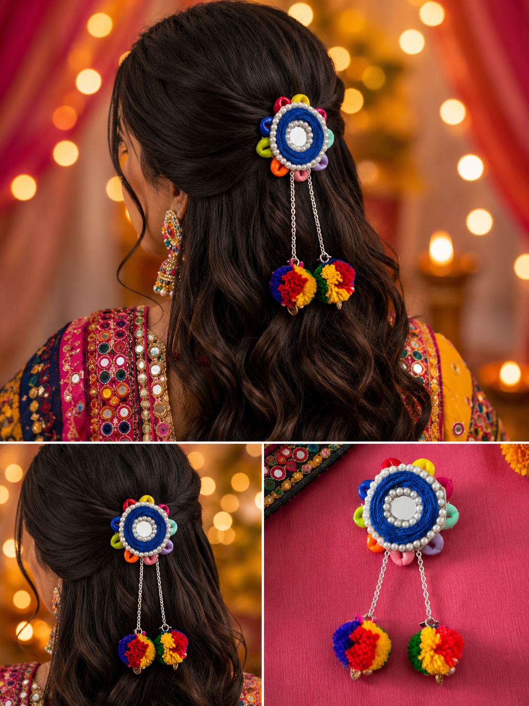 Handmade Multicolor Mirror Pom-Pom Hair Clip | Navratri & Festive Hair Accessory
