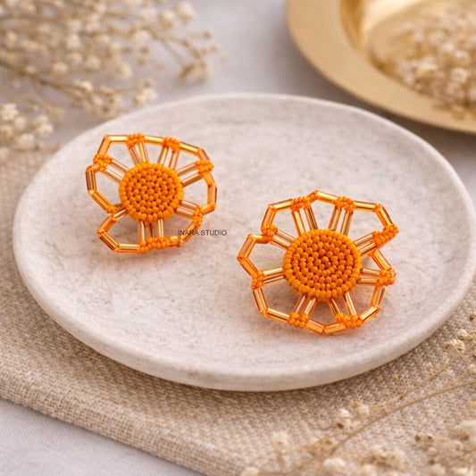 HANDCRAFTED ORANGE BEADED FLORAL STATEMENT EARRINGS