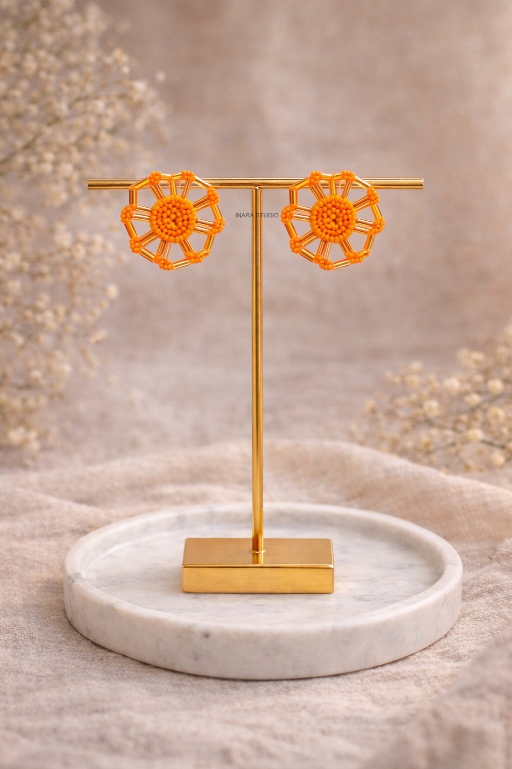 HANDCRAFTED ORANGE BEADED FLORAL STATEMENT EARRINGS