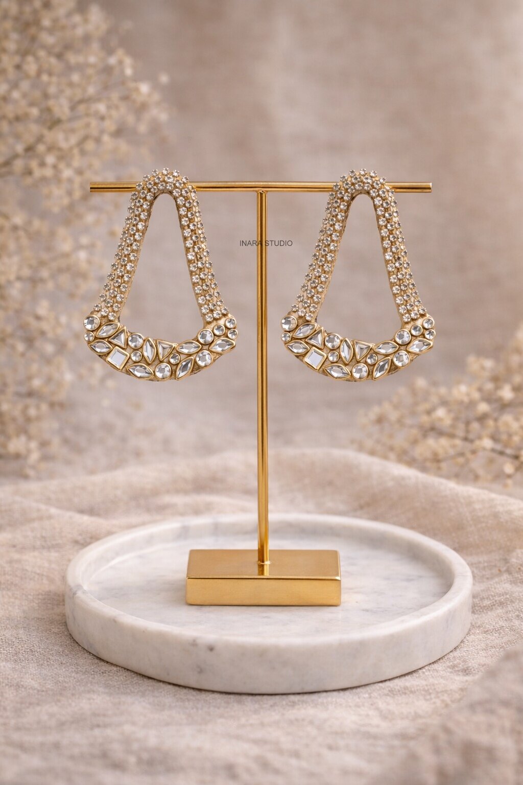 GOLD CRYSTAL ARC STATEMENT EARRINGS
