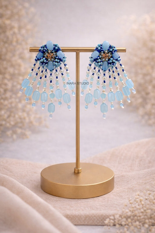 HANDCRAFTED BLUE BEADED FRINGE STATEMENT EARRINGS