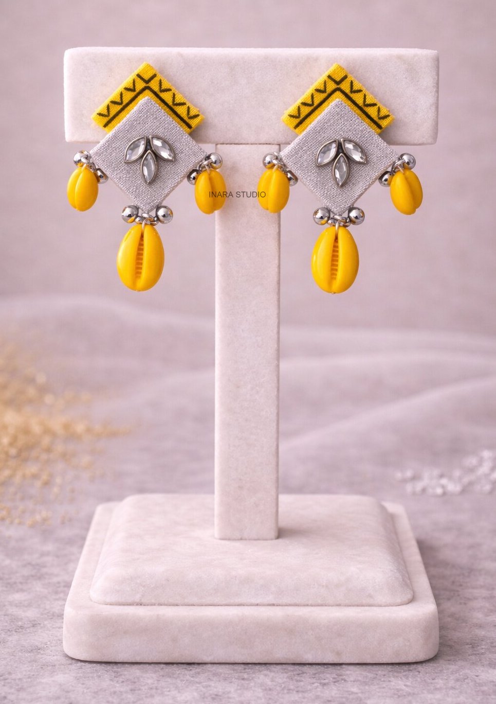 HANDCRAFTED YELLOW FABRIC SHELL DROP EARRINGS