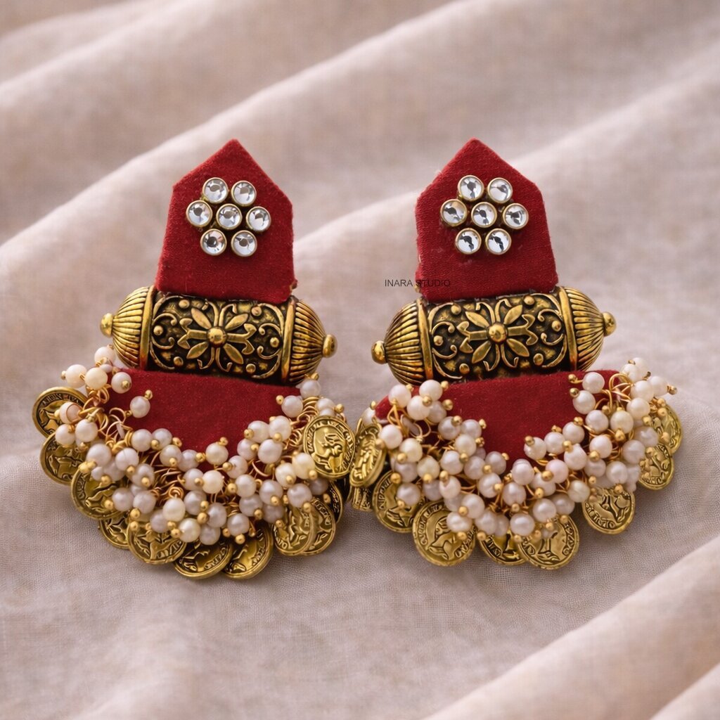 RED FABRIC WITH FLORAL BARREL COIN CHARMS STATEMENT EARRINGS