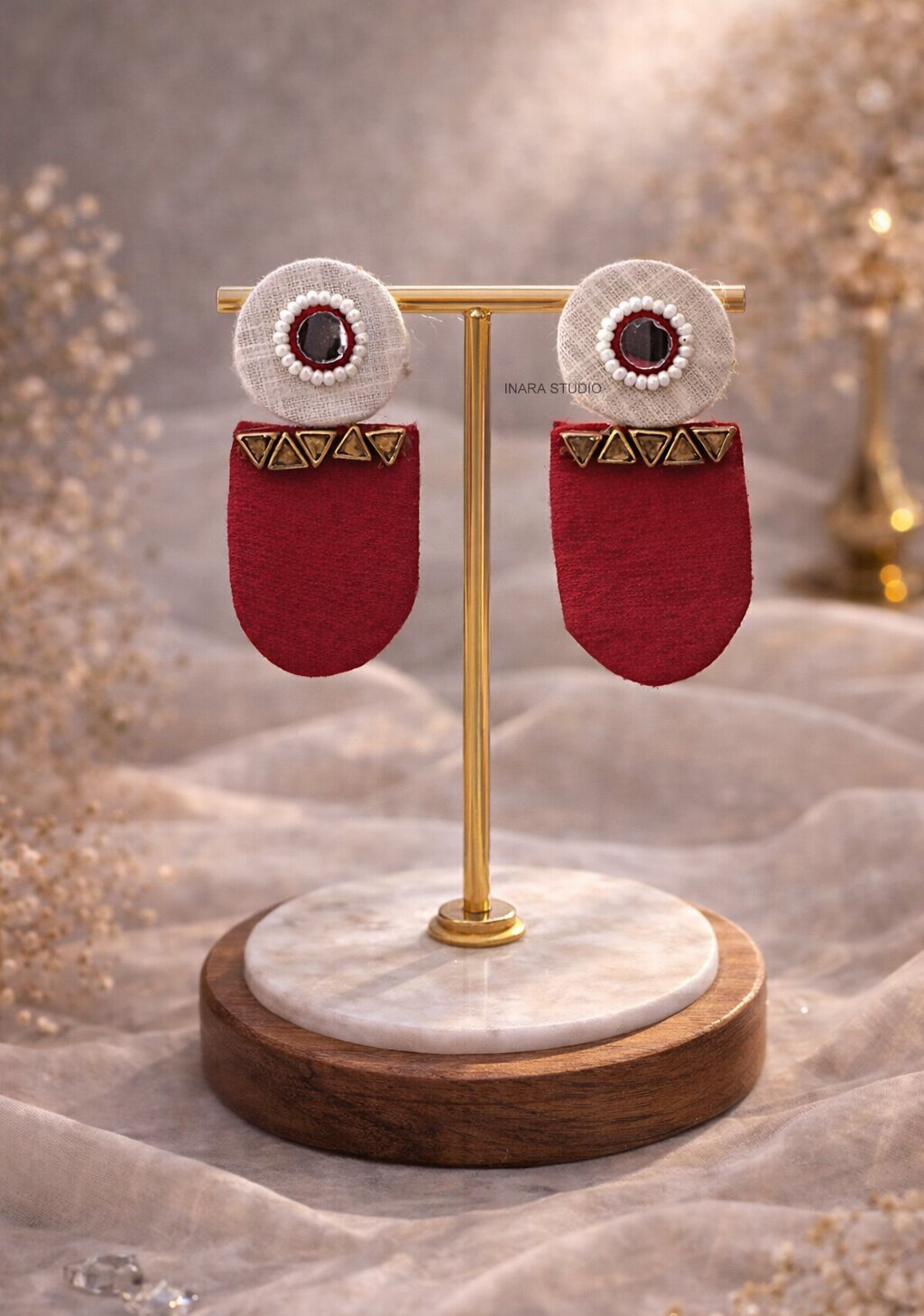 HANDCRAFTED RED & IVORY GEOMETRIC FABRIC STUD ETHNIC EARRINGS
