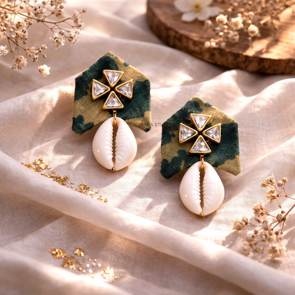 CAMOUFLAGE FABRIC STATEMENT EARRINGS WITH COWRIE SHELL DROP