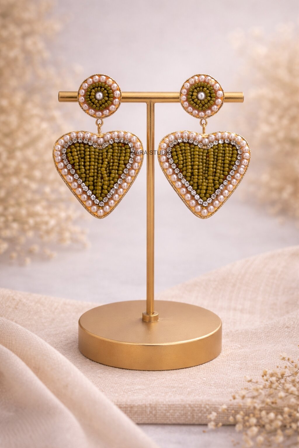 HANDCRAFTED OLIVE GREEN HEART STATEMENT EARRINGS