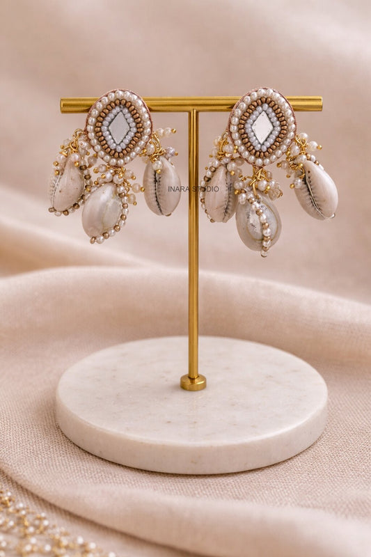 IVORY PERAL & COWRIE SHELL STATEMENT CHANDBALI EARRINGS