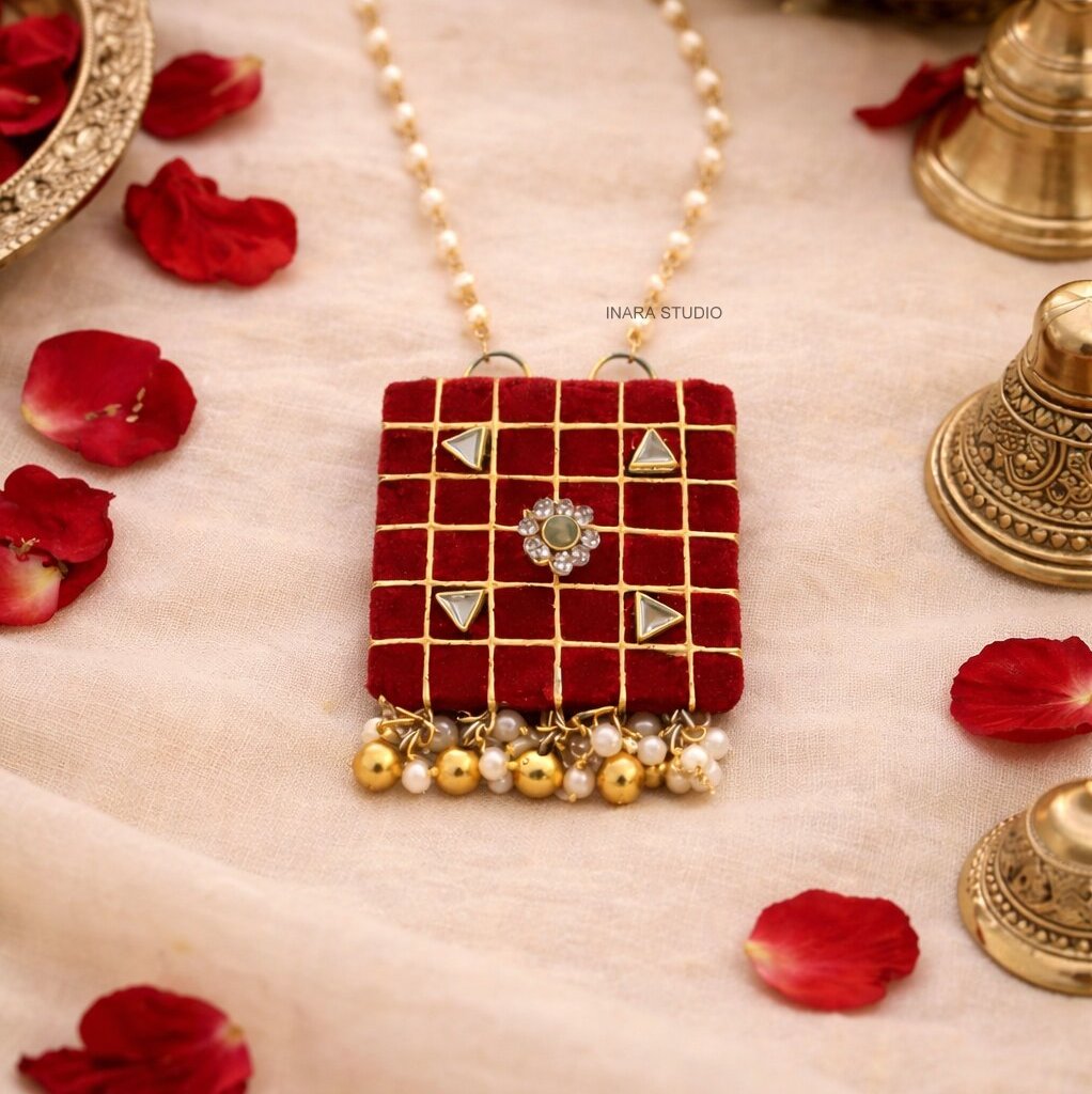 HANDCRAFTED RED FABRIC KUNDAN STONE NECKLACE SET WITH JHUMKHA EARRINGS