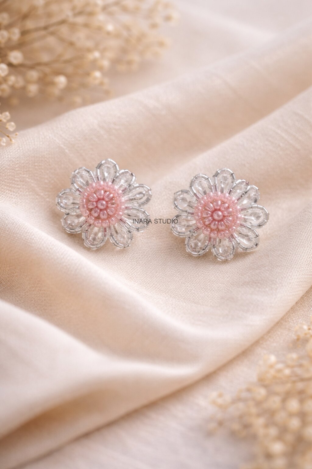 BLUSH BLOOM BEADED FLOWER STUD EARRINGS