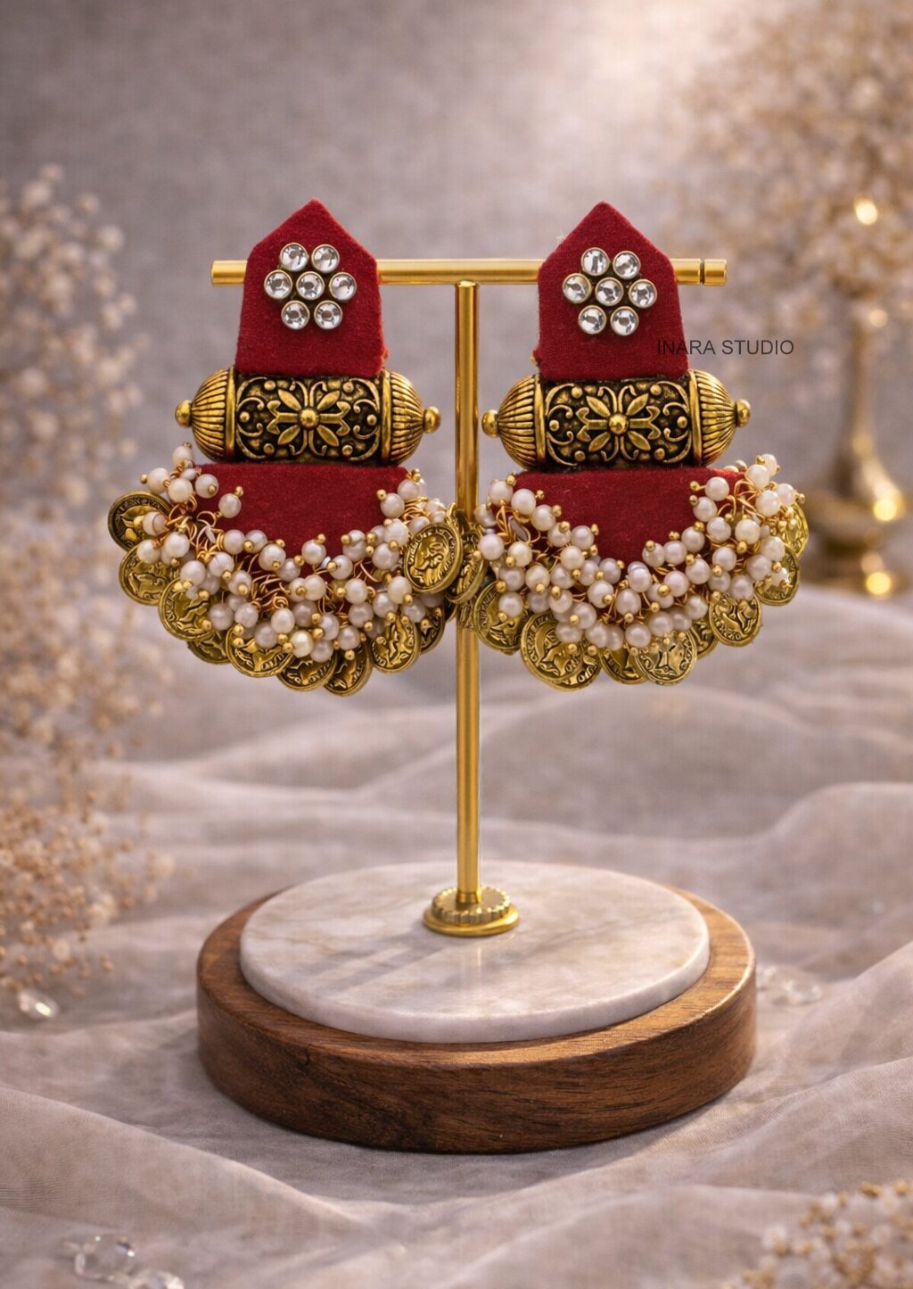 RED FABRIC WITH FLORAL BARREL COIN CHARMS STATEMENT EARRINGS