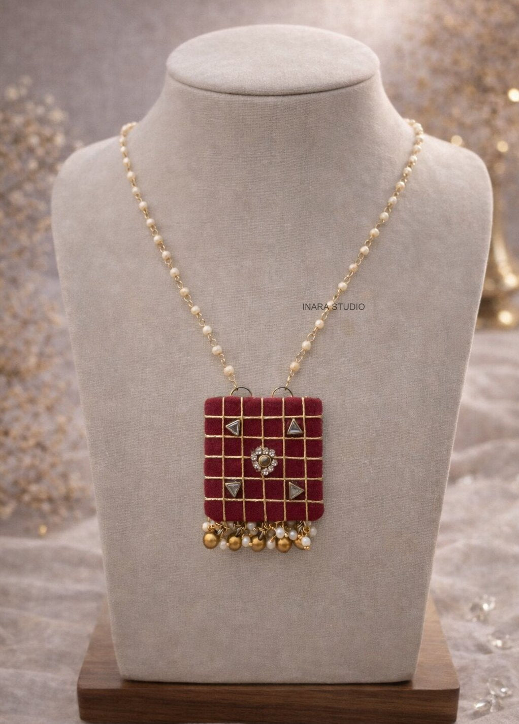 HANDCRAFTED RED FABRIC KUNDAN STONE NECKLACE SET WITH JHUMKHA EARRINGS