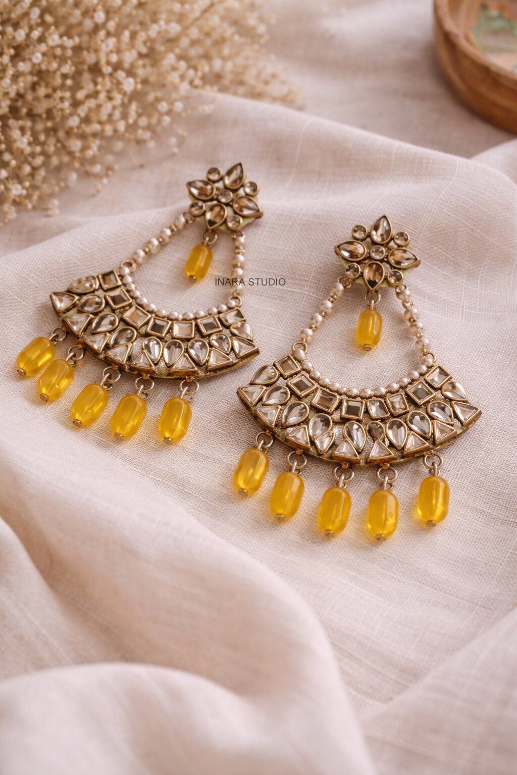 GOLD & MUSTARD BEADED CHANDBALI STATEMENT EARRINGS