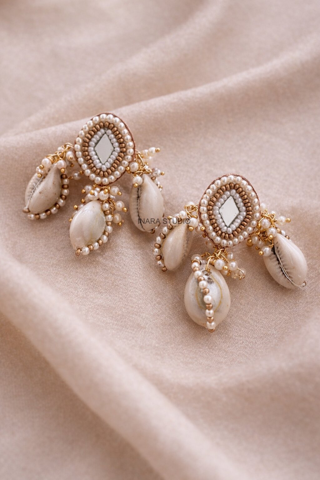 IVORY PERAL & COWRIE SHELL STATEMENT CHANDBALI EARRINGS