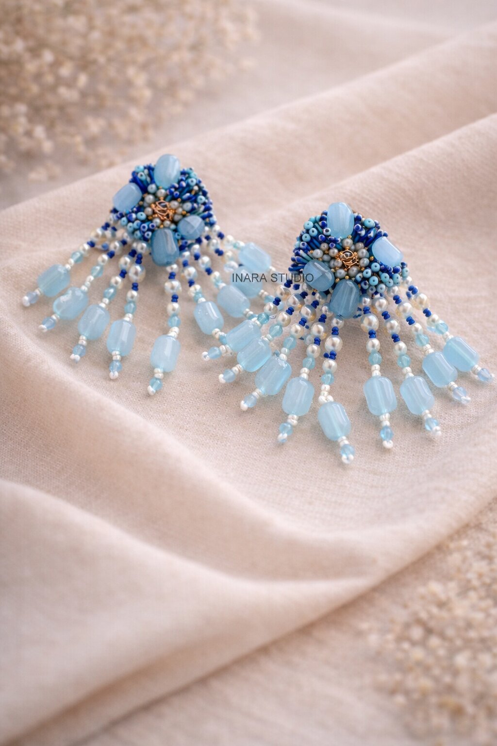 HANDCRAFTED BLUE BEADED FRINGE STATEMENT EARRINGS