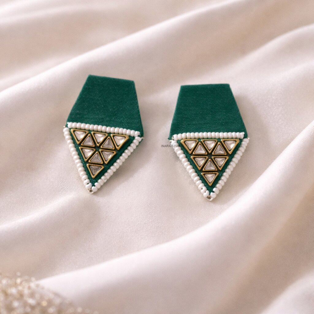 GREEN FABRIC STATEMENT EARRINGS WITH BEAD & MIRROR WORK