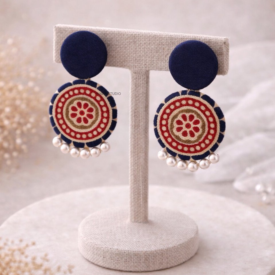NAVY BLUE FABRIC MANDALA STATEMENT EARRINGS WITH PEARL DROPS