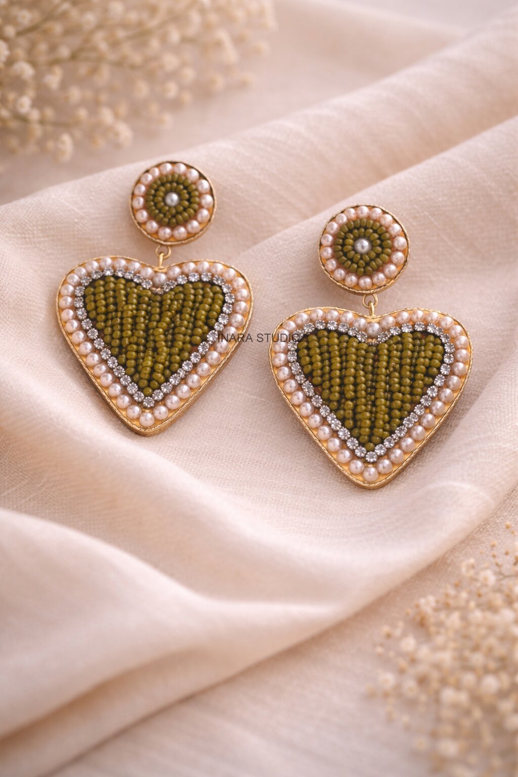 HANDCRAFTED OLIVE GREEN HEART STATEMENT EARRINGS