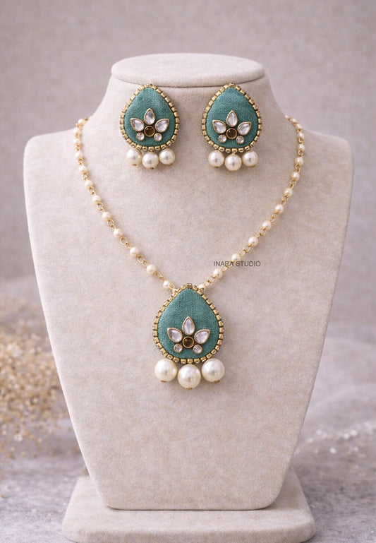 GREEN FABRIC TEARDROP KUNDAN NECKLACE SET WITH PEARL DROP