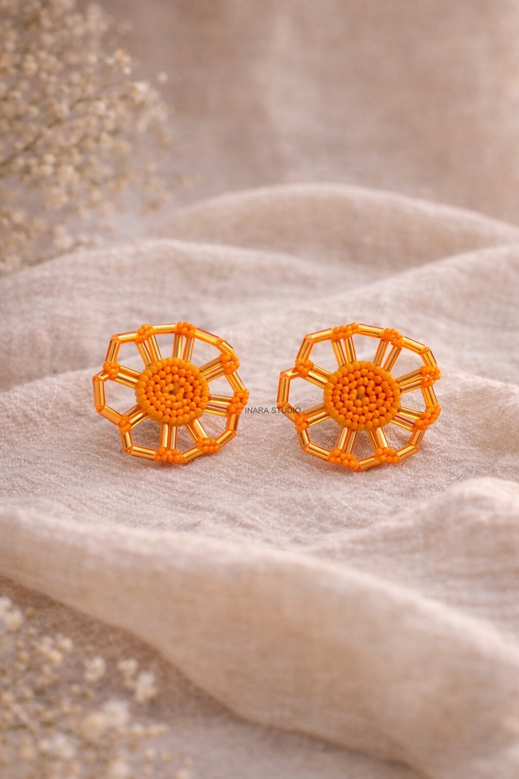 HANDCRAFTED ORANGE BEADED FLORAL STATEMENT EARRINGS
