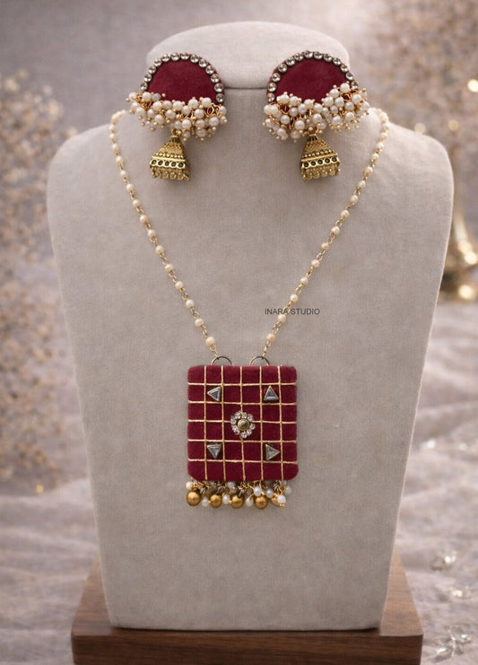 HANDCRAFTED RED FABRIC KUNDAN STONE NECKLACE SET WITH JHUMKHA EARRINGS