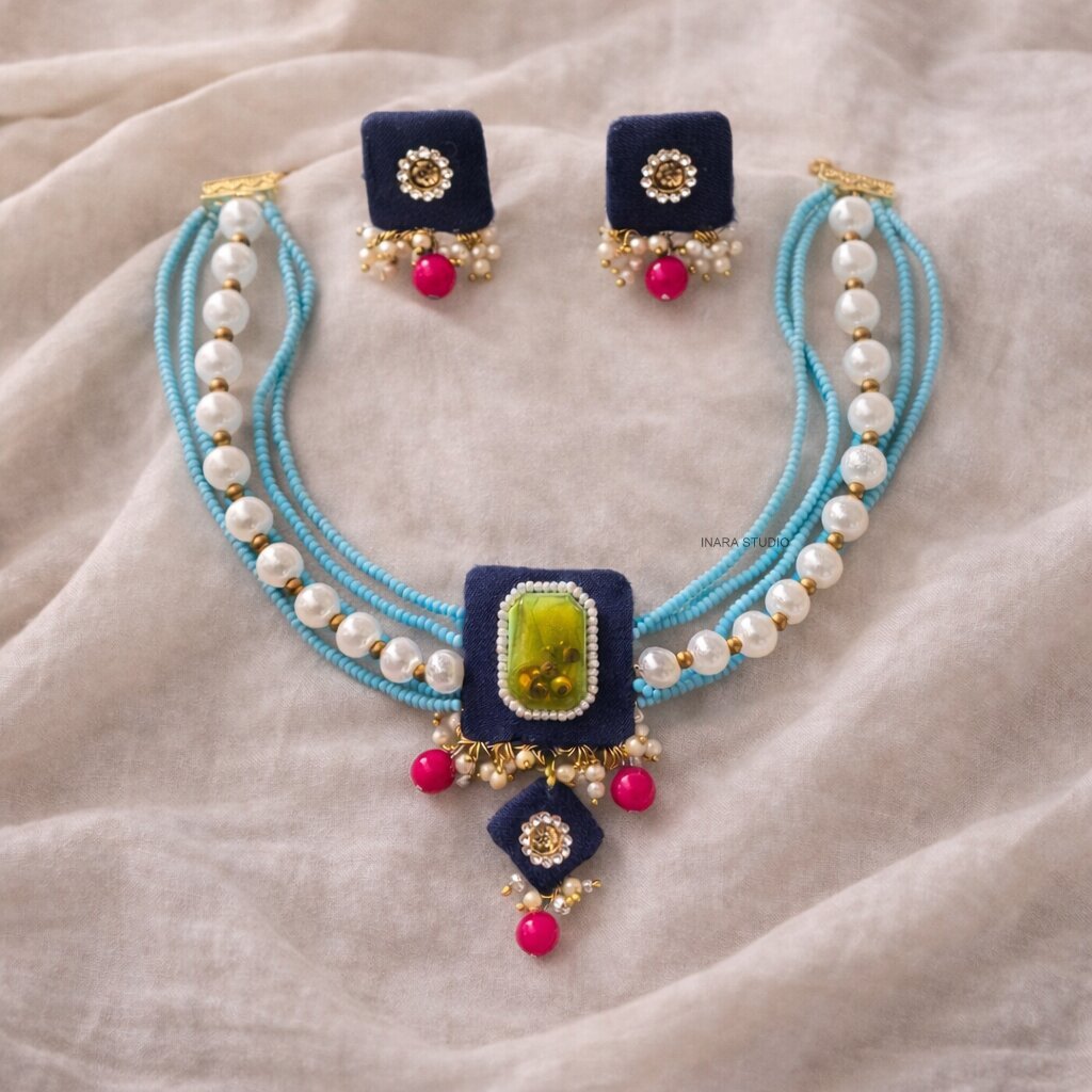 NAVY BLUE FABRIC MULTI LAYERED BEADED NECKLACE WITH STATEMENT STONE PENDANT
