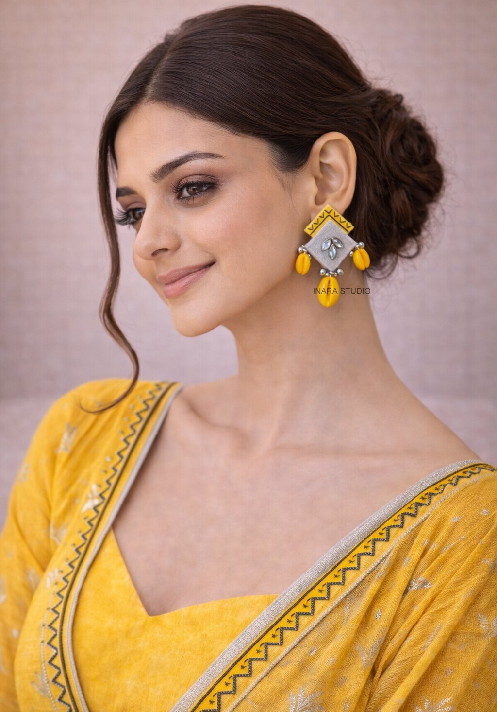 HANDCRAFTED YELLOW FABRIC SHELL DROP EARRINGS