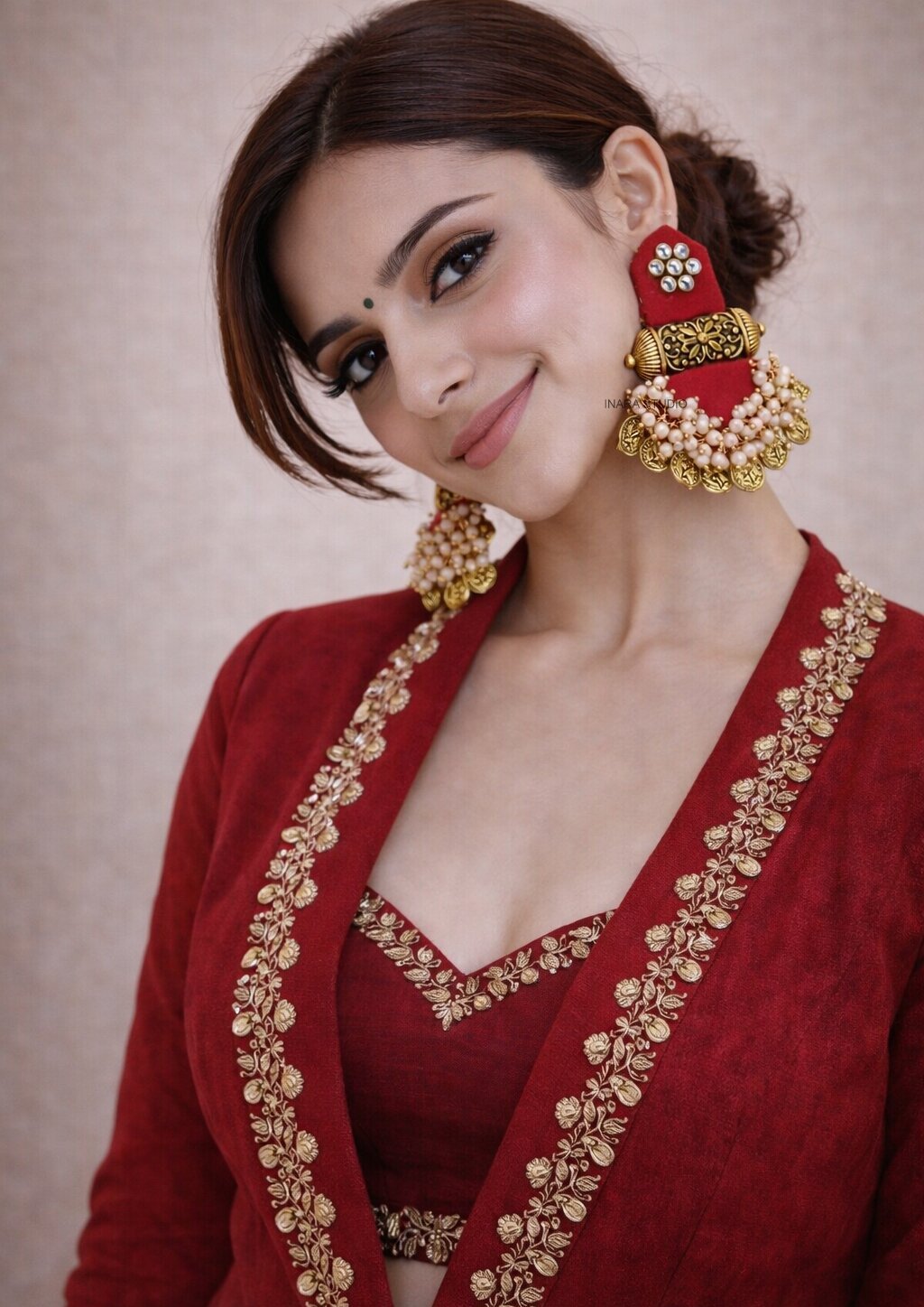 RED FABRIC WITH FLORAL BARREL COIN CHARMS STATEMENT EARRINGS