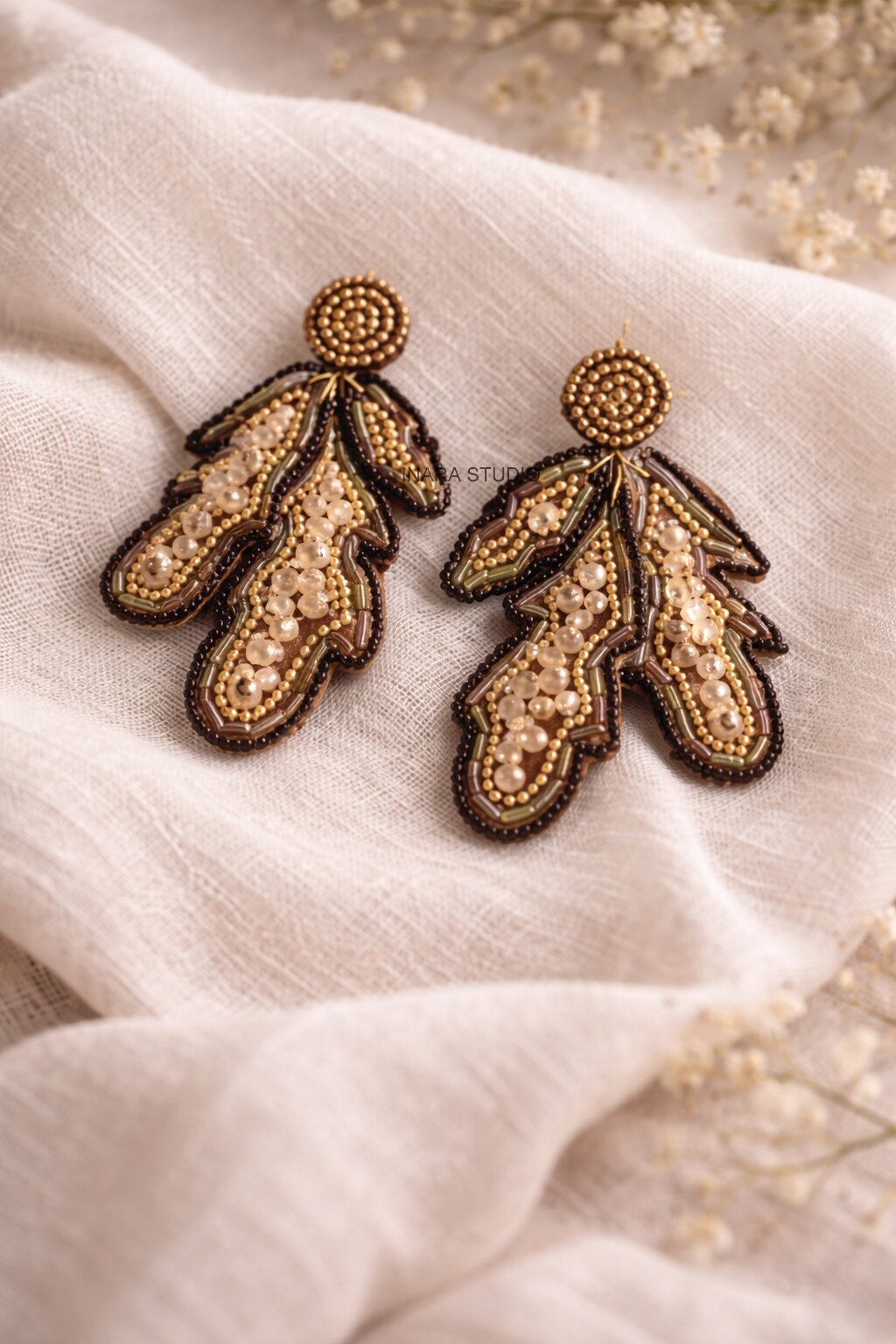 EARTHY LEAF HAND-BEADED STATMENT EARRINGS