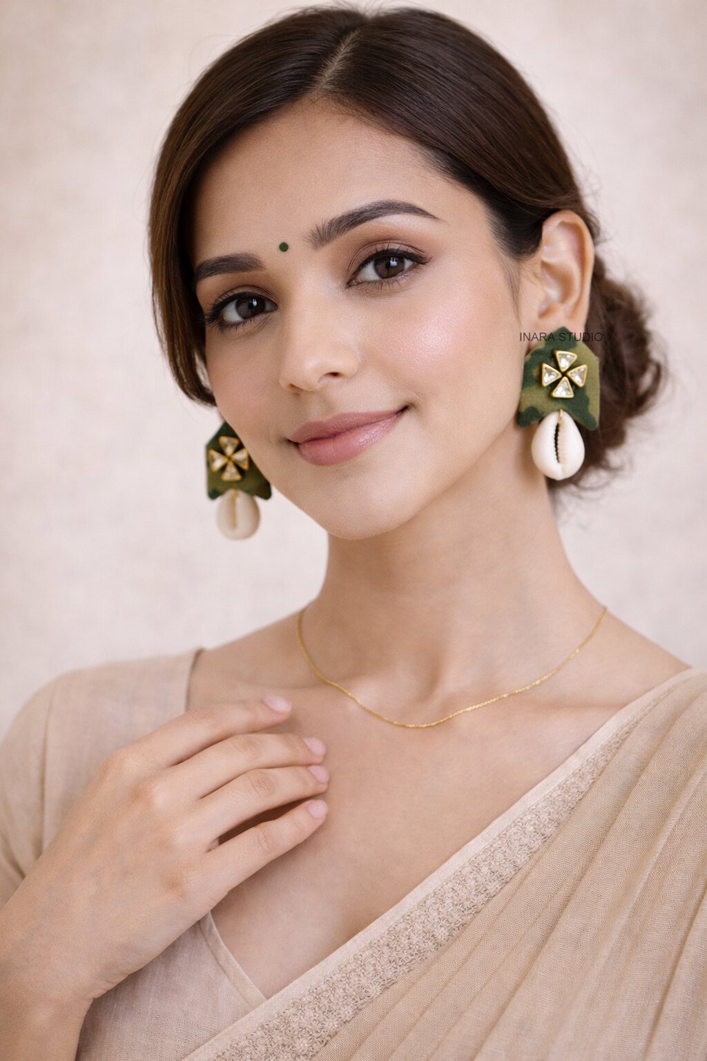 CAMOUFLAGE FABRIC STATEMENT EARRINGS WITH COWRIE SHELL DROP