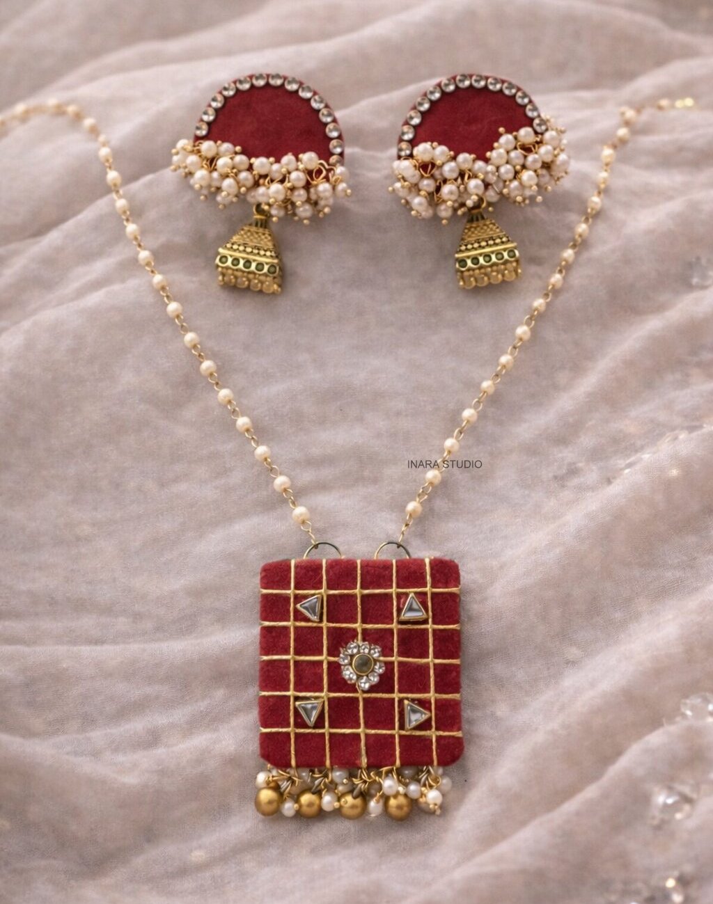 HANDCRAFTED RED FABRIC KUNDAN STONE NECKLACE SET WITH JHUMKHA EARRINGS