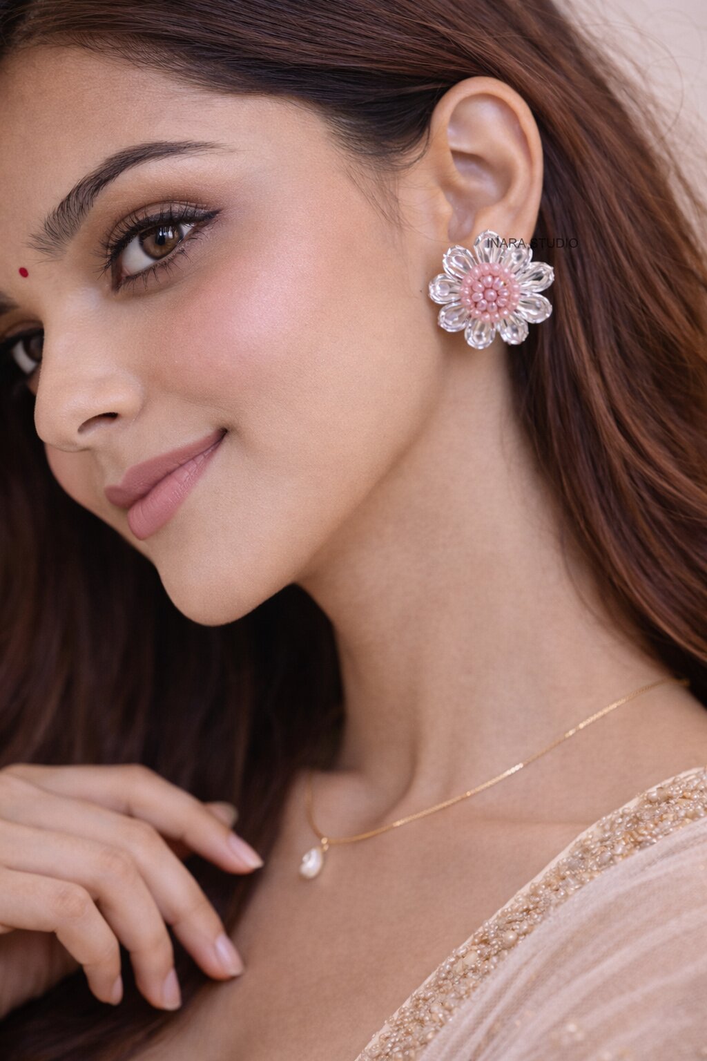 BLUSH BLOOM BEADED FLOWER STUD EARRINGS