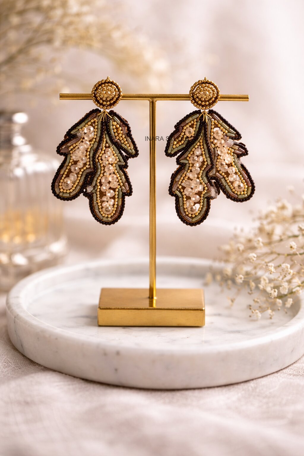 EARTHY LEAF HAND-BEADED STATMENT EARRINGS