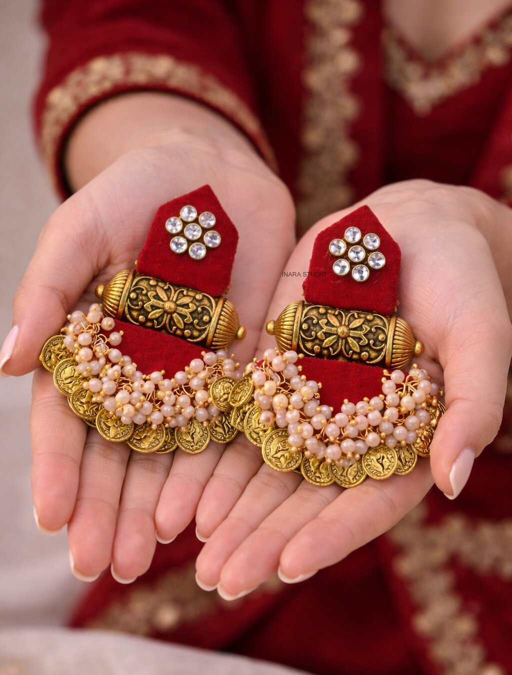 RED FABRIC WITH FLORAL BARREL COIN CHARMS STATEMENT EARRINGS