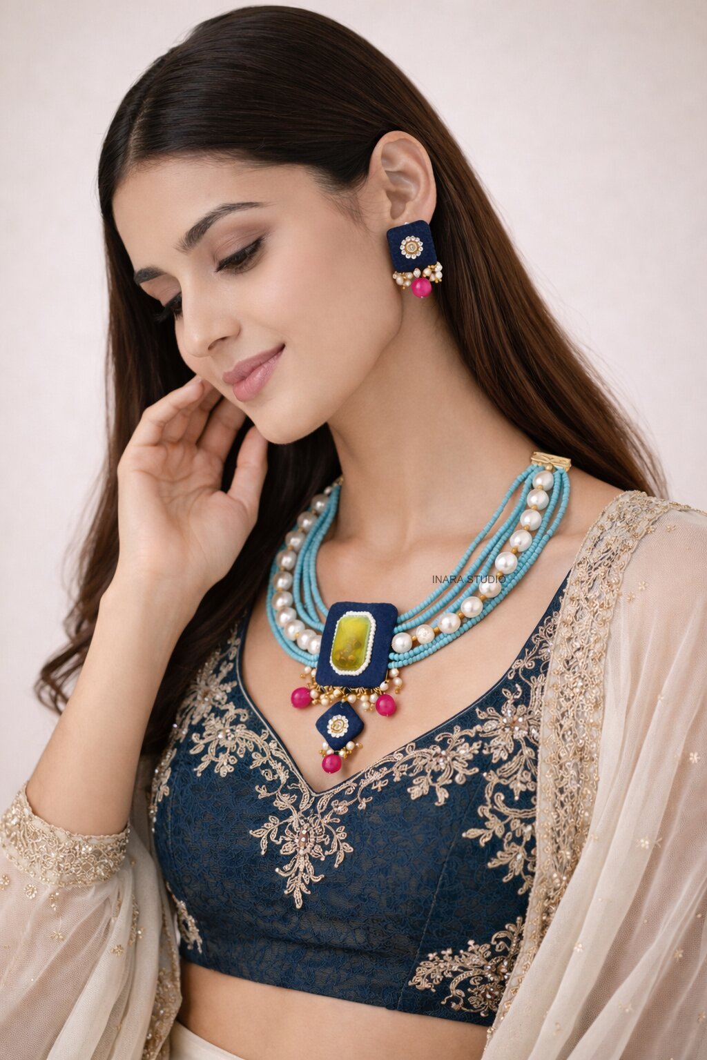 NAVY BLUE FABRIC MULTI LAYERED BEADED NECKLACE WITH STATEMENT STONE PENDANT