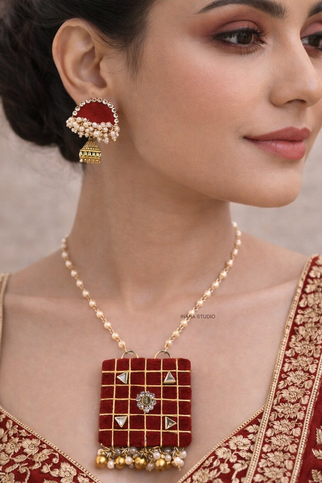 HANDCRAFTED RED FABRIC KUNDAN STONE NECKLACE SET WITH JHUMKHA EARRINGS