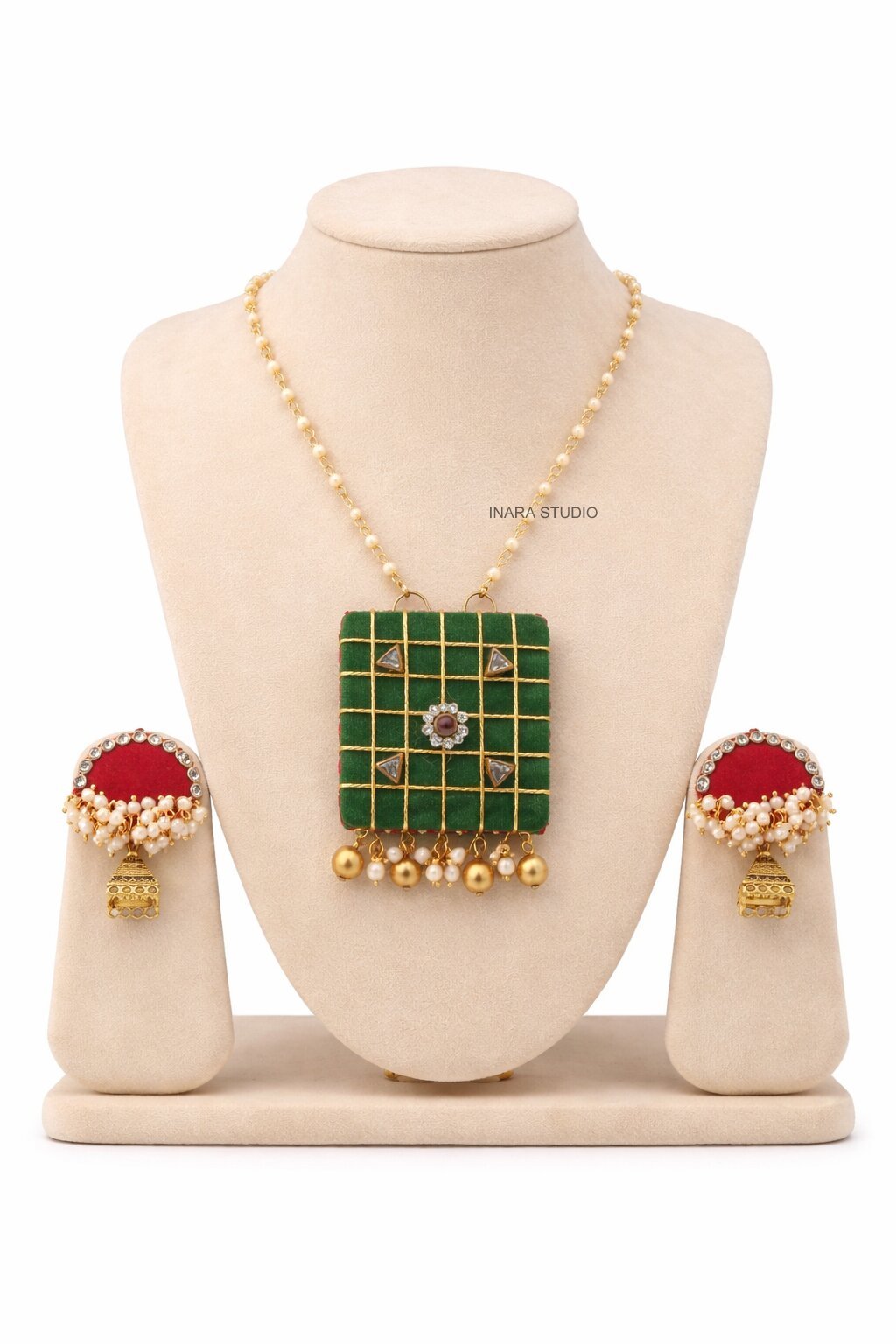 HANDCRAFTED RED FABRIC KUNDAN STONE NECKLACE SET WITH JHUMKHA EARRINGS