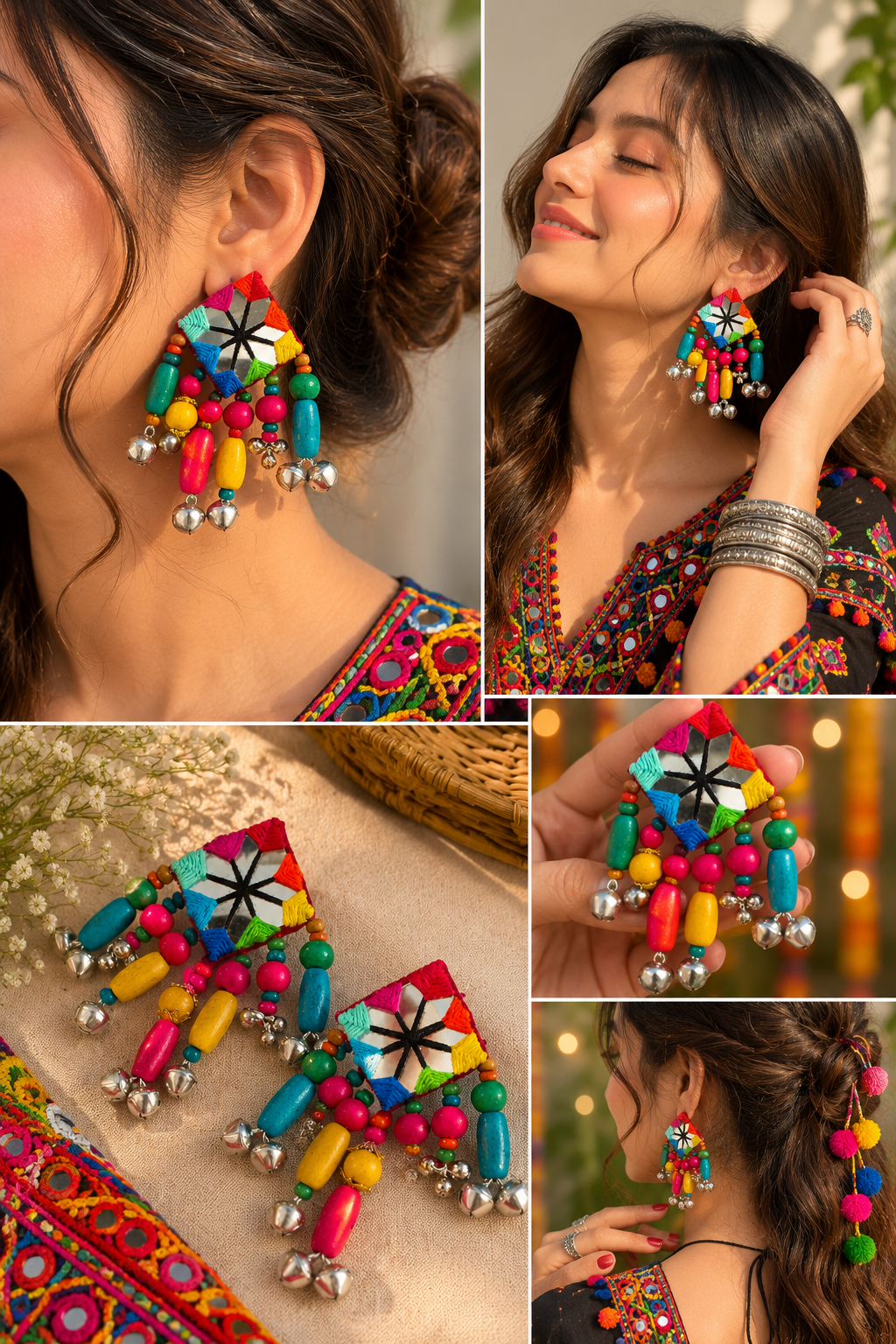 Handmade Multicolor Mirror Ghungroo Earrings | Navratri Boho Statement Earrings