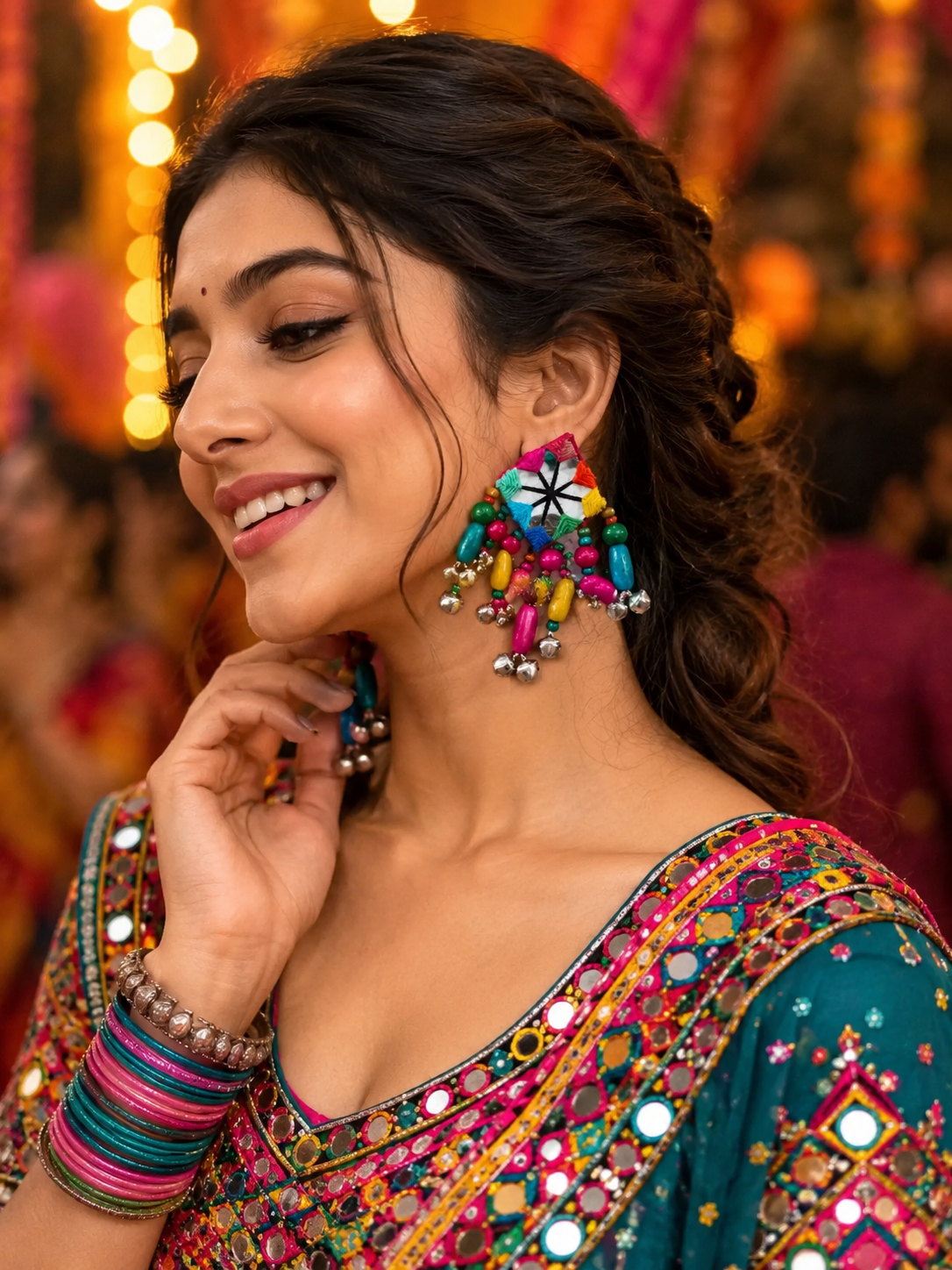 Handmade Multicolor Mirror Ghungroo Earrings | Navratri Boho Statement Earrings