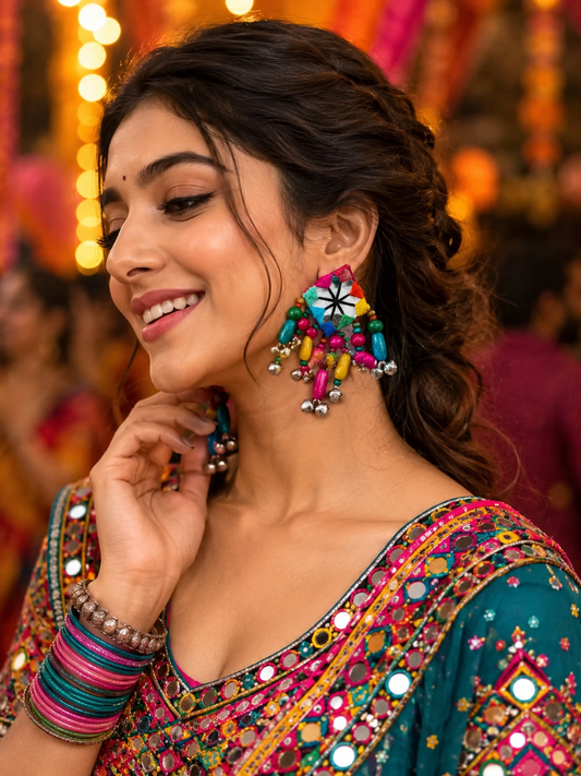 Handmade Multicolor Mirror Ghungroo Earrings | Navratri Boho Statement Earrings