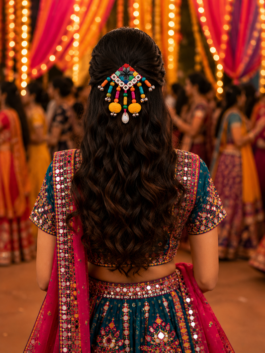 Handmade Navratri Mirror Work Hair Clip – Colorful Ethnic Hair Accessory for Women