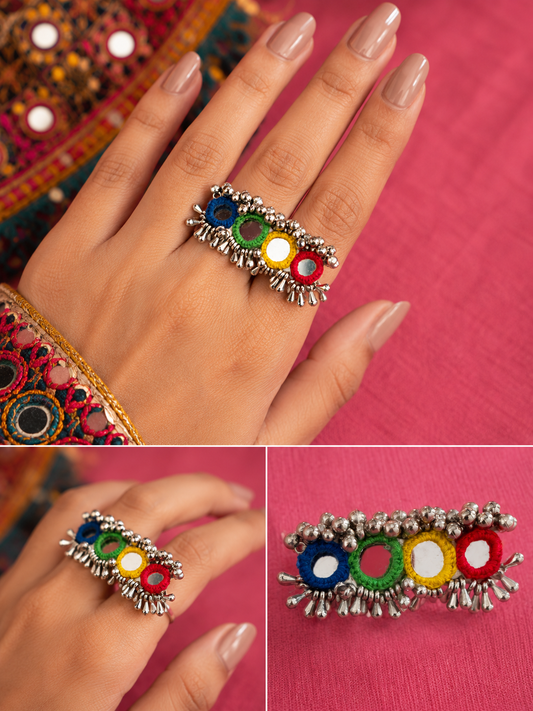 Handmade Multicolor Mirror Statement Ring | Ethnic Navratri Finger Ring